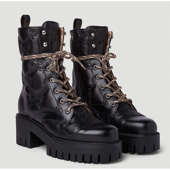 Gucci Quilted GG Matelasse Black Combat Platform Lace Up Boot 38 Black - Picture 1 of 9